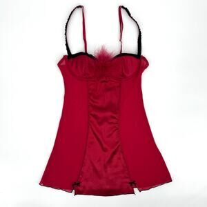 Sultry Y2K Red Feather Trim Babydoll Slip Dress, Coquette, Baddie Valentines Day
